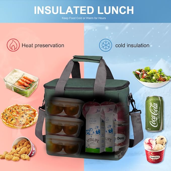 iknoe Large Cooler Bag Collapsible, 15L Insulated Bags, Leakproof Lunch Cooler Tote with Multi-Pockets for Adult, Insulated Lunch Box for Beach, Picnic, Work, Grayish Green 24-Can