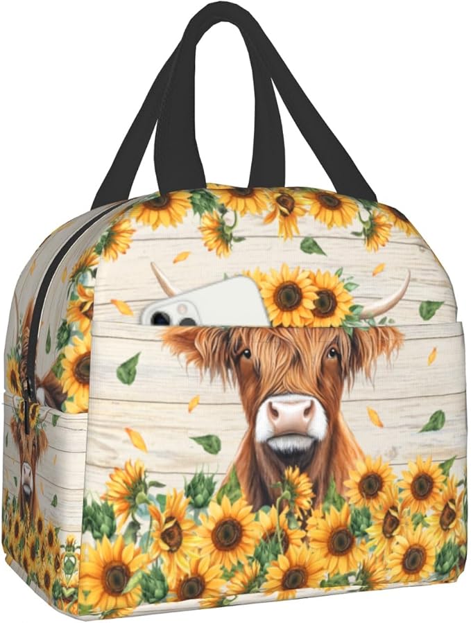 Giwawa Highland Cow Kids Lunch Bag Sunflower Cattle Insulated Girls Lunch Box Yellow Floral Wood Board Thermal Cooler Lunch Tote Bag for Teens Boys School Students Men Women Picnic