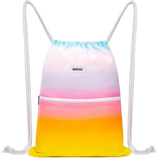 WANDF Drawstring Backpack String Bag Sackpack Cinch Water Resistant Nylon for Gym Shopping Sport Yoga (Rain bow)
