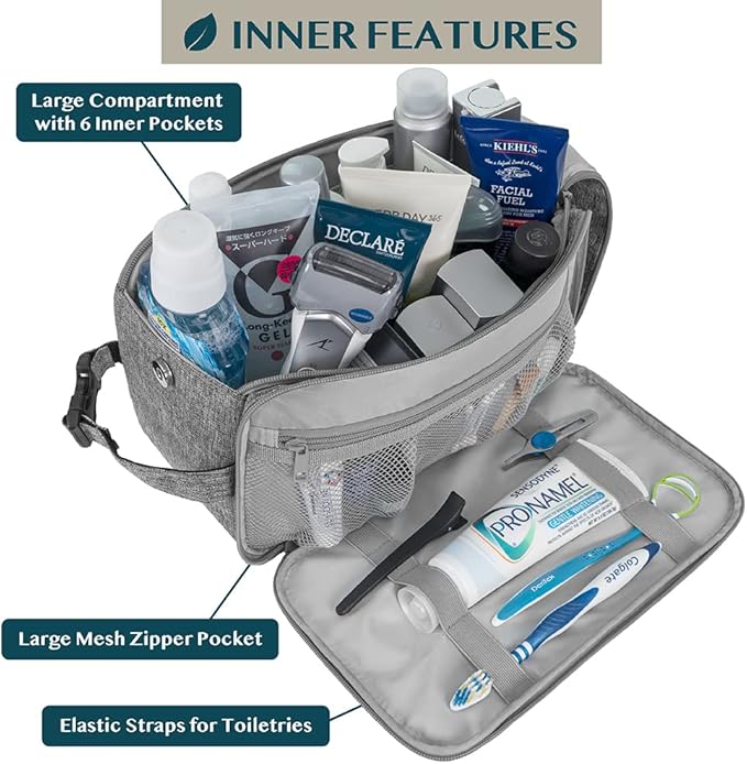 PAVILIA Toiletry Bag for Men, Travel Essentials Shaving Dopp Kit, Mens Travel Bag Toiletries Organizer Case for Grooming, PU Leather Water Resistant Cosmetic Bag Pouch (XL, Heather Grey)