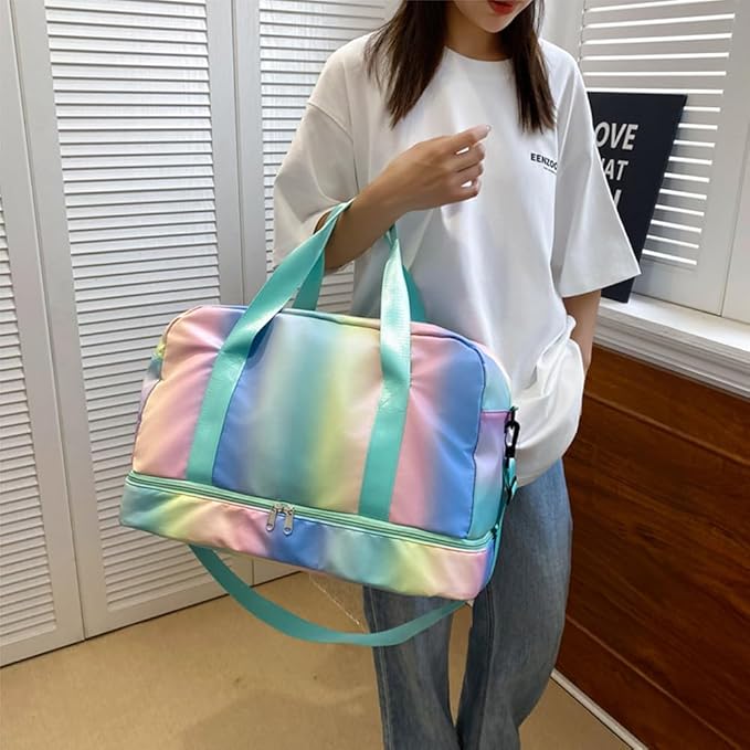 Sports Duffel Bag, Gym Bag with Shoes Compartment & Wet Pocket, Waterproof Overnight Bag Travel Bag Dance Bag for Girl, Weekend Bag for Women (gradient green)