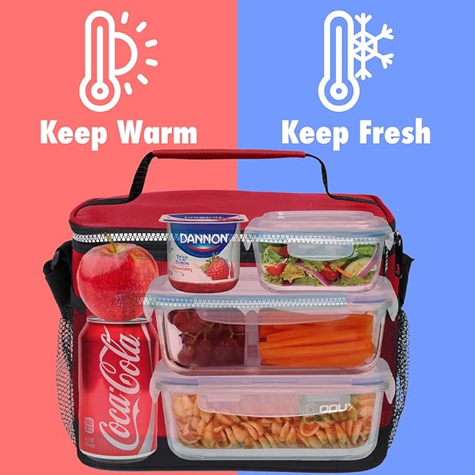 opux Insulated Lunch Box Men Women, Lunch Bag for Work School, Leakproof Soft Cooler Tote Adult, Large Lunch Pail Kids Boys Girls, Picnic Beach Food Bag with Shoulder Strap, Red