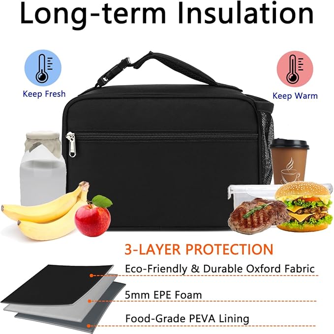 Insulated Lunch Box for School, Thermal Reusable Durable Freezable Lunch Bags for Kids Boys Girls Men Women - Small Soft Cooler Portable Lunch Tote Kit for Work Picnic Travel,Black