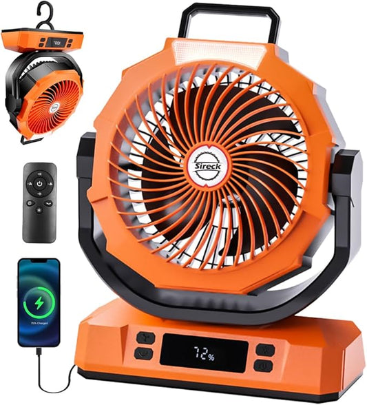 Camping Fan Rechargeable Portable Fan, 40000mAh Battery Powered Fan with LED Light, 6 Wind Speeds Cordless USB Desk Fan for Tent, Travel (Orange)
