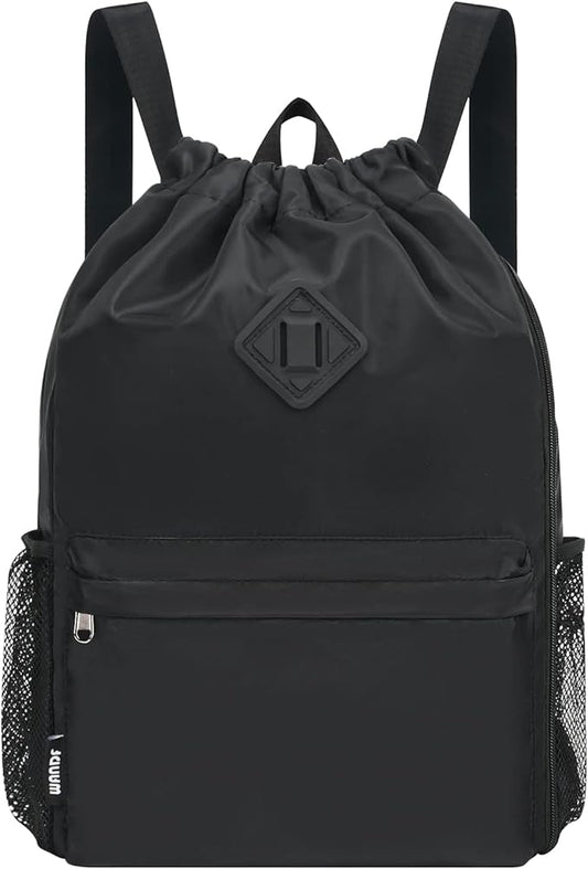 WANDF Drawstring Backpack Sports Gym Bag with Shoes Compartment, Water-Resistant String Backpack Cinch for Women Men (Large,Black)