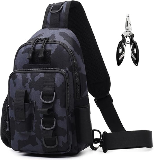 Fishing Sling Bag - Small Fishing Tackle Storage Bags with Rod Holder(Black Camo)