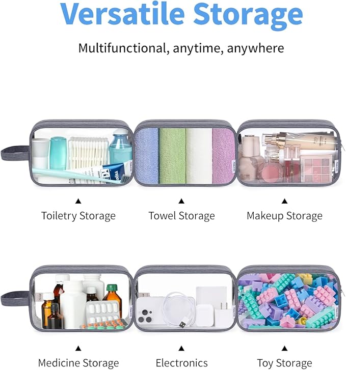 Narwey Clear Travel Toiletry Bags for Traveling Toiletries Men Women, Clear Makeup Bag Cosmetic Bag with Zipper, Make Up Pouch Organizer Bags with Handle, Skincare Bag (Grey)