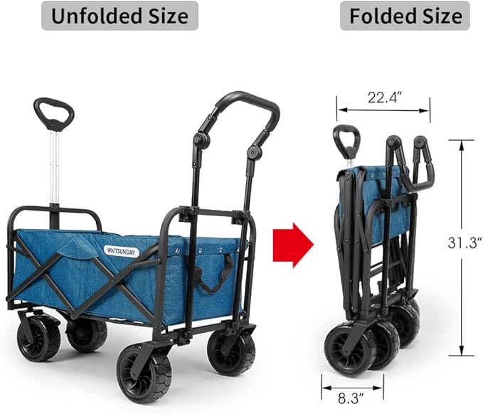 WHITSUNDAY Collapsible Folding Garden Outdoor Park Utility Wagon Picnic Camping Cart with Bearing and Brake 8" All Terrain Wheels with Push Bar (Ocean Blue)