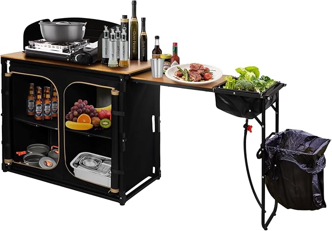 KingCamp Bamboo Camp Kitchen Station, Folding Overland Camping Kitchen Table Hooks Portable Outdoor Cooking with Adjustable Lantern Pole & Windshield Storage Organizer for Tailgating BBQ Picnic RV