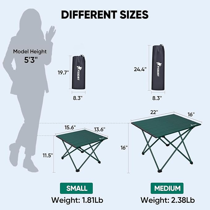 PTEROMY Folding Camping Table, Portable Beach Table with Ultralight Aluminum Tabletop for Travel, Outdoor, Camping, Picnics, and BBQs (Medium, Green)