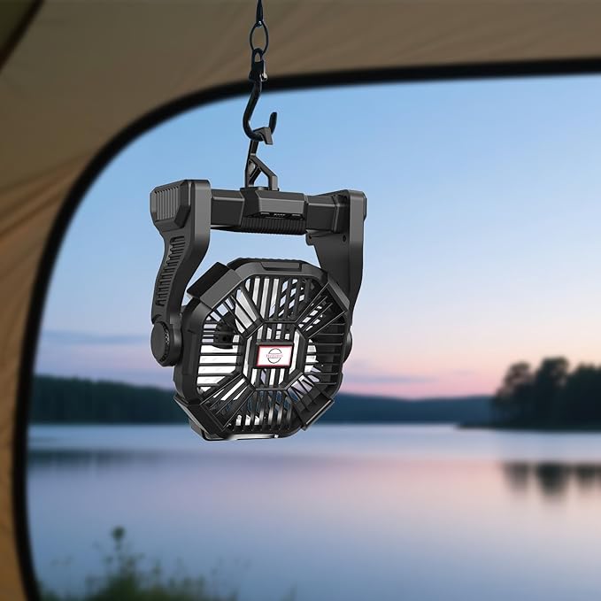 Battery Powered Fan Camping Rechargeable, Portable Outdoor Battery Operated Fan with 4 Light, 270° Pivot, and Hook