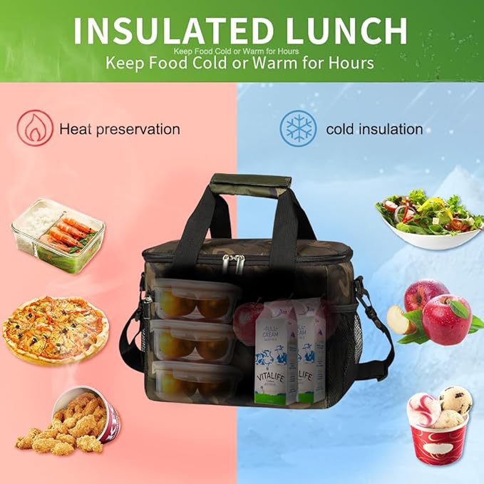 iknoe Large Foldable Cooler Bag, 8.5L Insulated Lunch Bag, Leakproof Lunch Cooler Tote with Multi-Bag Design Suitable for Beach, Picnic and Office Use, Camo 15-Can