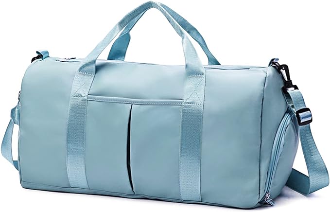 ZGWJ Sports Gym Bag with Wet Pocket & Shoes Compartment, Waterproof Shoulder Weekender Bag for Women and Men Swim Sports Travel Gym Bag Lightweight and easy Carry on Light Blue