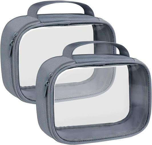 Moyad TSA Approved Clear Toiletry Bag with Handle, 2 Pack Quart Size 3-1-1 Liquids Pouch for Travel, Transparent Makeup & Cosmetic Organizer for Women Men, Grey
