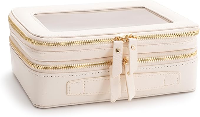 Aveniee Clear Makeup Bags, Double Layer Cosmetic Case with Separate Brush Compartment, Large Toiletry Organizer for Women, Travel Accessories Holder(2 Layers Large, White)