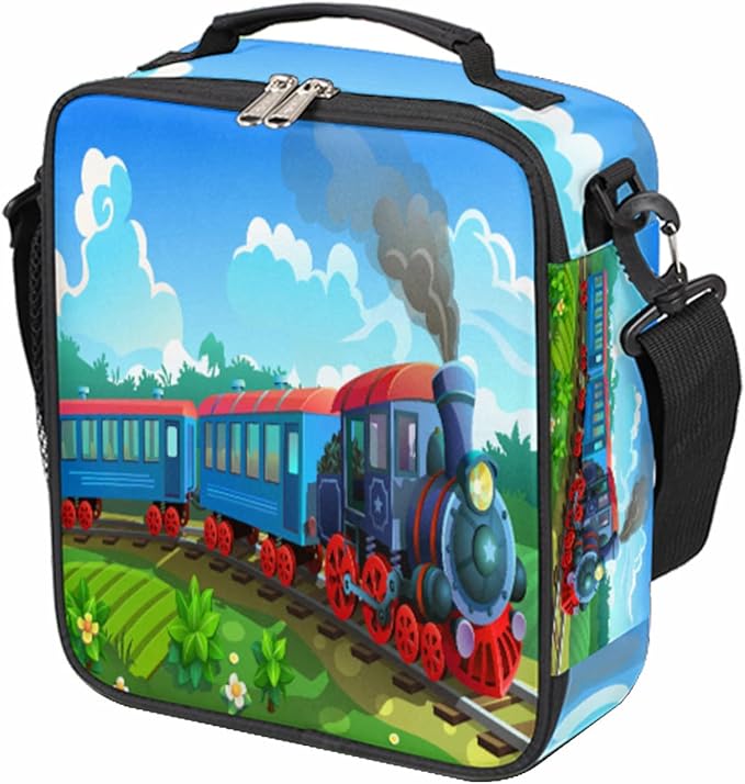 Steam Train Insulated Lunch Bag for Girls Boys Teen Colorful Locomotive Reusable Lunch Box with Shoulder Strap Freezable Thermal Cooler Bag