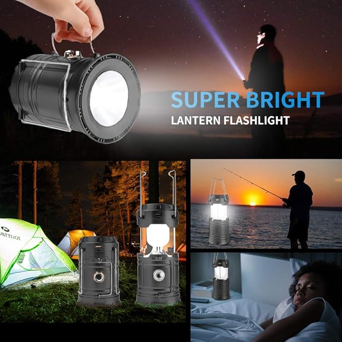 LED Camping Lantern, Solar and Rechargeable Lantern Flashlight Collapsible and Portable Light for Daily/Camp/Hiking/Night Fishing/Emergency/Hurricanes/Storm(Black, 1 Pack)