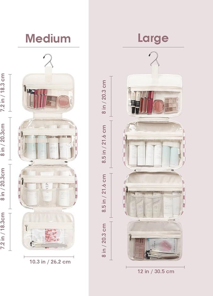 Narwey Hanging Toiletry Bag for Women Travel Makeup Bag Organizer Toiletries Bag for Travel Size Essentials Accessories Cosmetics (Dusty Rose Checkerboard (Medium))