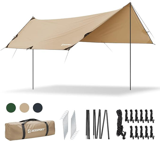 Bessport Camping Tarp, 16×9.8FT with 2 Poles, Portable Multifunctional Backpacking, PU 3000mm Waterproof Rain Fly Hammock Tarp for Outdoor,Traveling, Hilking