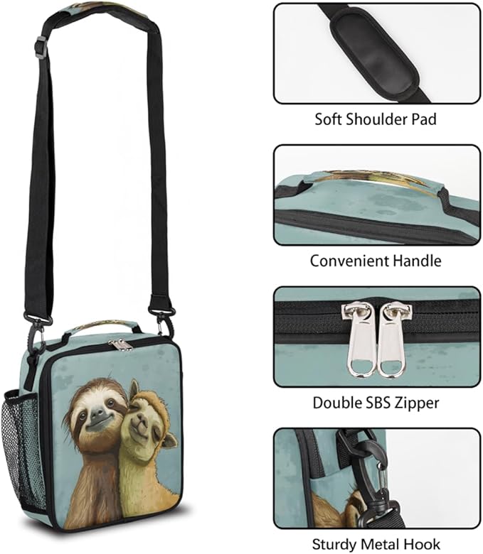 cfpolar Cute Llama and Sloth Lunch Box for Boys Girls, Insulated Lunch Bags for Kids Reusable Mini Cooler Lunch Tote Lunchbox Thermal Meal Tote Kit with Shoulder Strap for Work School Picnic