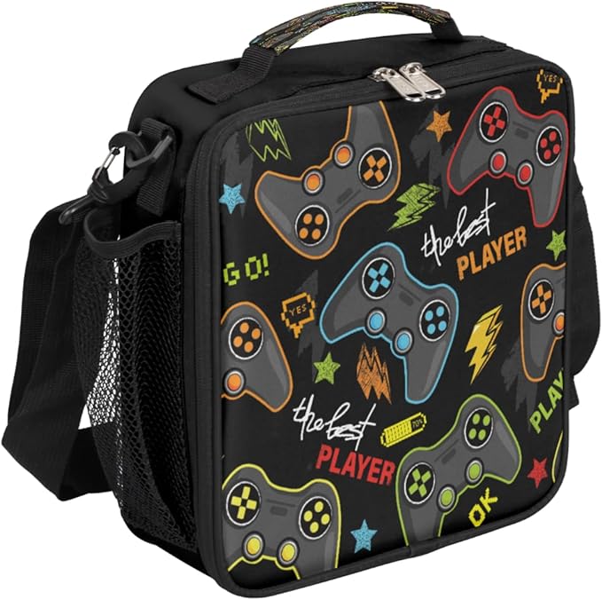 cfpolar Game Lunch Box for Boys Girls, Video Game Controller Insulated Lunch Bags for Kids Reusable Mini Cooler Lunch Tote Lunchbox Thermal Meal Tote Kit with Shoulder Strap for Work School Picnic