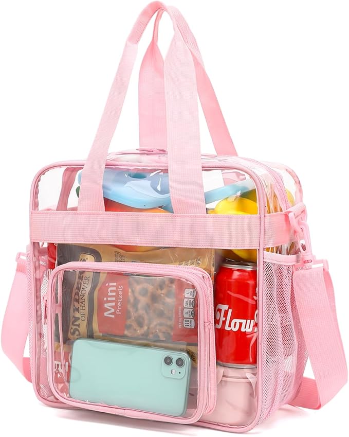 FlowFly Clear Bag for Stadium Events With Shoulder Strap for Women, Men, Large and Reusable Lunch Container, Work and Sporting Events, Travel 12x6x12 Clear Tote Bag, Clear#Pink