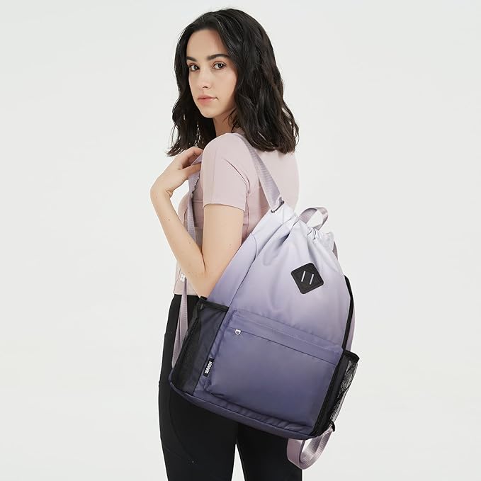 WANDF Drawstring Backpack Sports Gym Bag with Shoes Compartment, Water-Resistant String Backpack Cinch Bag for Women Men (Grey Gradient)
