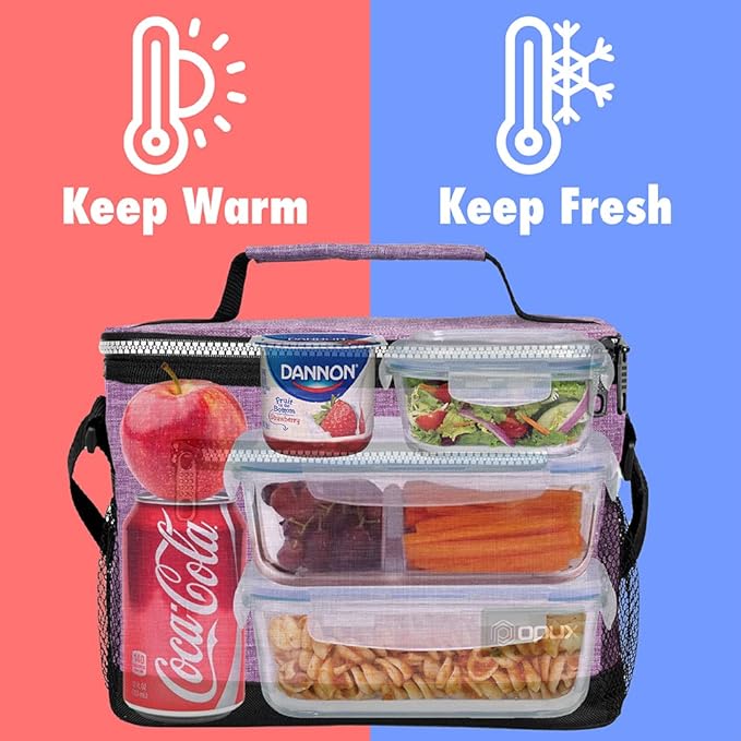 opux Insulated Lunch Box Men Women, Lunch Bag for Work School, Leakproof Soft Cooler Tote Adult, Large Lunch Pail Kids Boys Girls, Picnic Beach Food Bag with Shoulder Strap, Purple