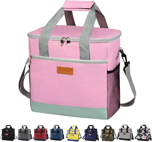 iknoe Large Cooler Bag Collapsible 24 Can Insulated Bags Leakproof Lunch Cooler Tote with Multi-Pockets for Adult Insulated Thermal Bag for Beach, Picnic, Office Work (Pink)