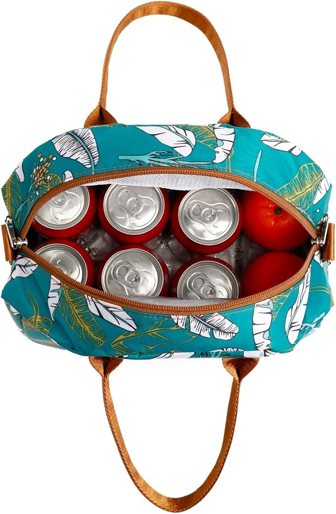 FlowFly Insulated Lunch Bag With Shoulder Strap for Women, Men, and Kids, Large and Reusable, Handle, Freezable Work and School Travel Tote and Meal Prep Organizer, leaves