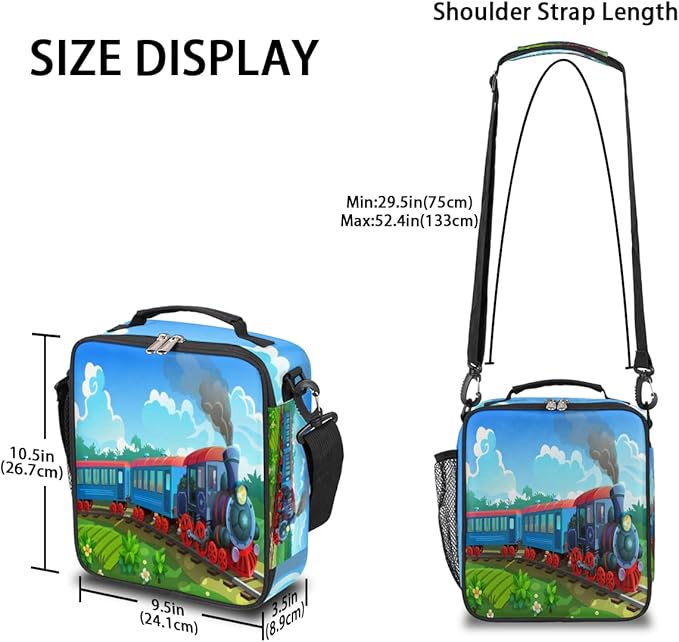 Steam Train Insulated Lunch Bag for Girls Boys Teen Colorful Locomotive Reusable Lunch Box with Shoulder Strap Freezable Thermal Cooler Bag