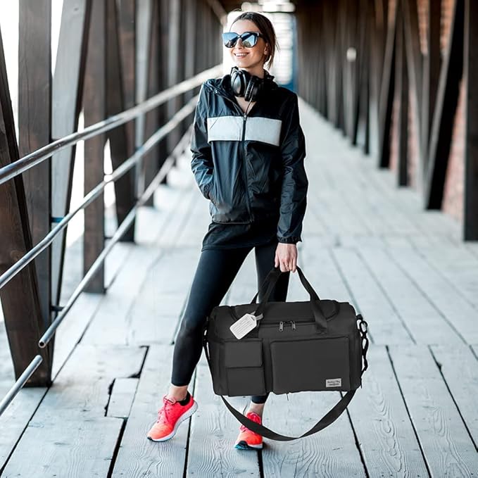 Travel Duffel Bag, Foldable Gym Bag with Luggage Tag, Large Capacity Weekend Overnight Bags with Wet and Dry Separation Bag, Waterproof Sports Tote Bag, for Travel, Sports, Gym (Black)