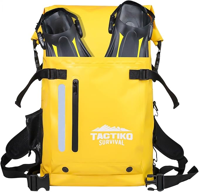 Tactiko 30L Heavy-Duty 100% Waterproof Backpack - Dry Roll-Top Floating Backpack - Rip-Stop Tarpaulin - Comfortable Padded Shoulders & Back - Waist Strap - Large Utility Pocket, Carabiner (Yellow)