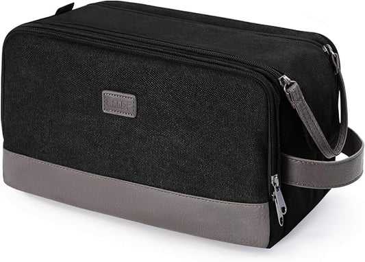 WANDF Toiletry Bag for Men Travel Toiletry Organizer Canvas and Leather Dopp Kit Water-Resistant Shaving Bag for Travel Accessories (Black, Patent Pending)