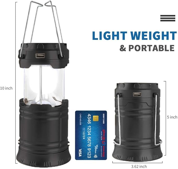 LED Camping Lantern, Solar and Rechargeable Lantern Flashlight Collapsible and Portable Light for Daily/Camp/Hiking/Night Fishing/Emergency/Hurricanes/Storm(Black, 1 Pack)