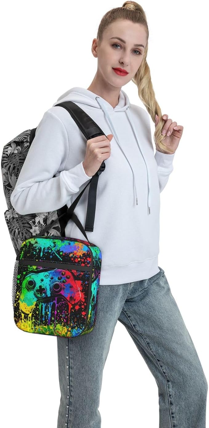 Video Game Controller Insulated Lunch Bag, Colorful Abstract Artist Painting Lunch Box for Boys Girls Kids, Portable Reusable Zipper Lunch Box for Men Women School Work Travel
