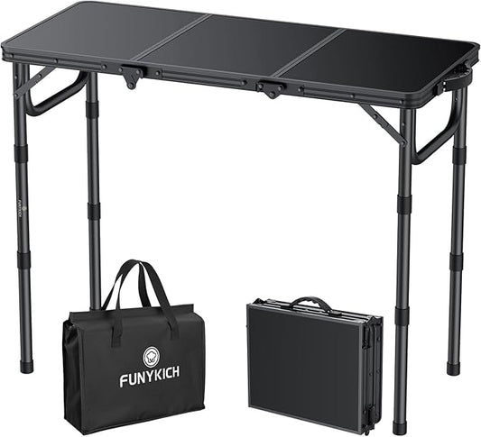 FUNYKICH 3ft Camping Folding Table with 3 Adjustable Height, Portable Small Folding Tables 34.2'' Lx15.7'' W, Lightweight Aluminum Beach Table with Carry Handle for Camping, Backyard BBQ, Picnic