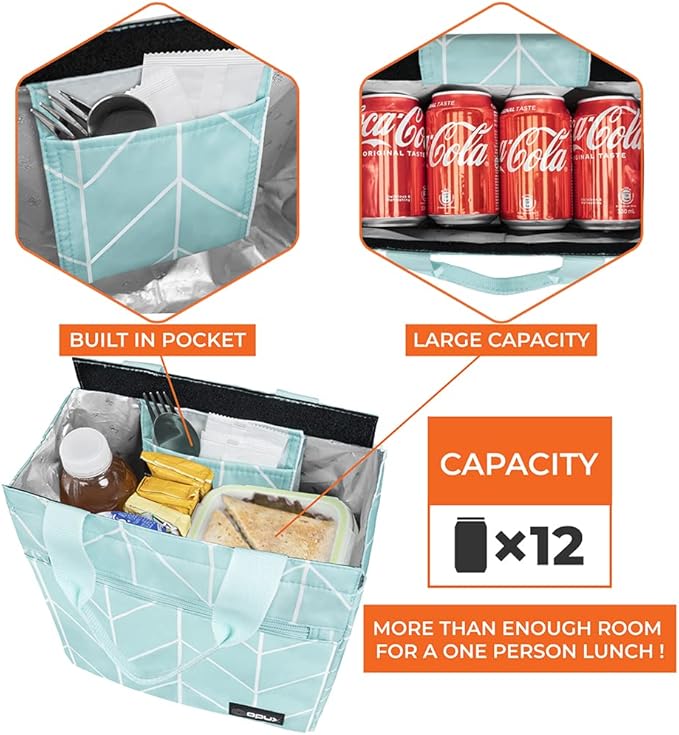opux Lunch Bag for Women, Insulated Lunch Box Tote for Girls Kids Adult School Work, Reusable Womens Lunch Tote for Office Travel, Cute Small Lunch Tote, Fits 12 Cans - Chevron Teal