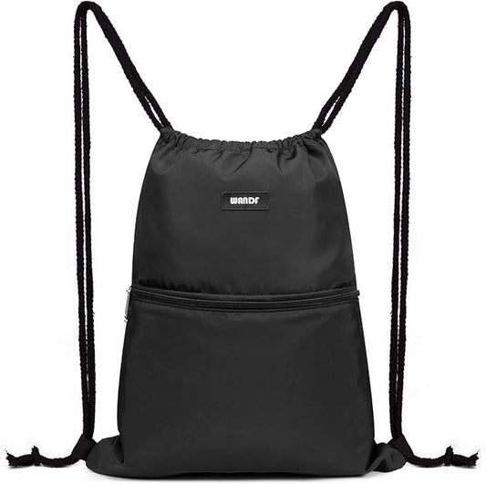 WANDF Drawstring Backpack String Bag Sackpack Cinch Water Resistant Nylon for Gym Shopping Sport Yoga (Black)