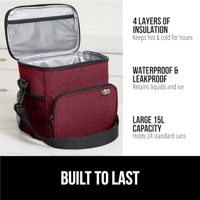 GORILLA GRIP Reusable Insulated Lunch Box Bag for Women Men, XL 15L, Leakproof Soft Cooler Bags, Multiple Compartments, Mesh Pockets and Adjustable Strap, Food Tote Keeps Drinks Cold, 13x9, Burgundy