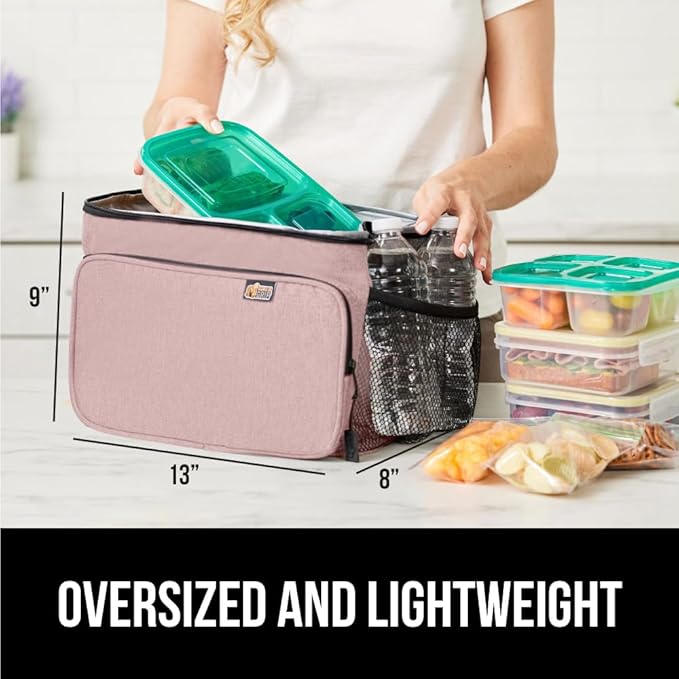 GORILLA GRIP Reusable Insulated Lunch Box Bag for Women Men,15L, Leakproof XL Soft Cooler Bags, Multiple Compartments, Mesh Pockets and Adjustable Strap, Food Tote Keeps Drinks Cold, 13x9, Pink