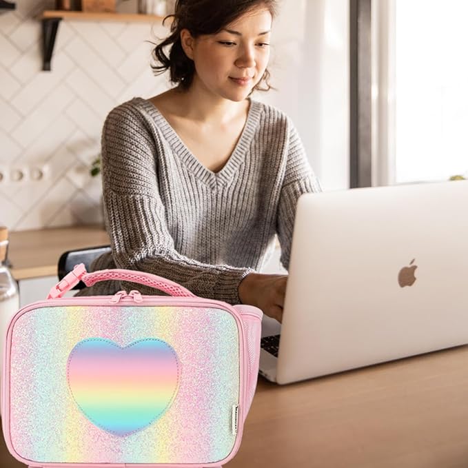 Insulated Lunch Box for School, Thermal Reusable Durable Freezable Lunch Bags for Kids Boys Girls Men Women - Small Soft Cooler Portable Lunch Tote Kit for Work Picnic Travel,Rainbow Glitter
