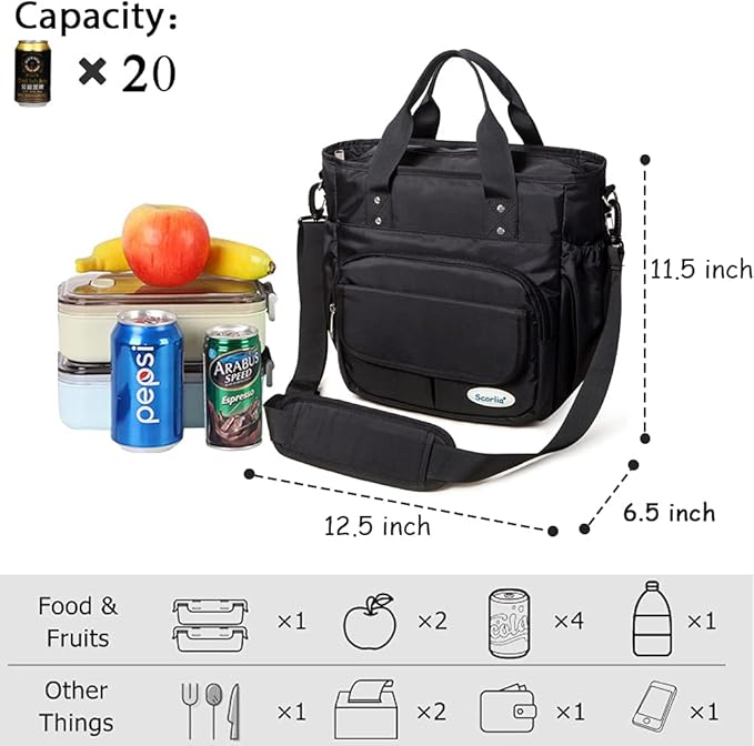 Scorlia Insulated Lunch Bag, Extra Large Leakproof Lunch Tote Bag With Removable Shoulder Strap, Durable Reusable Cooler lunch Box Bag with Side Pockets, Tall Drinks Holder for Women Men Work, Black