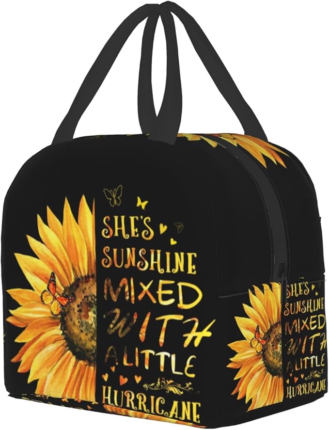 Giwawa Sunflower Insulated Lunch Bag for Girls Women, Sunshine Yellow Floral Inspirational Thermal Lunch Box with Front Pocket Reusable Meal Cooler Tote Bag for Kids Teens College Office