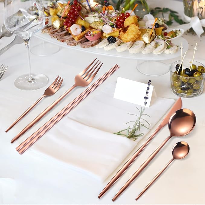 AARAINBOW 8 Pieces Stainless Steel Flatware Set Portable Reusable Cutlery Set Travel Utensils Set Including Chopsticks Knife Fork Spoon Straws Cleaning Brush Dishwasher Safe (Rose Golden)