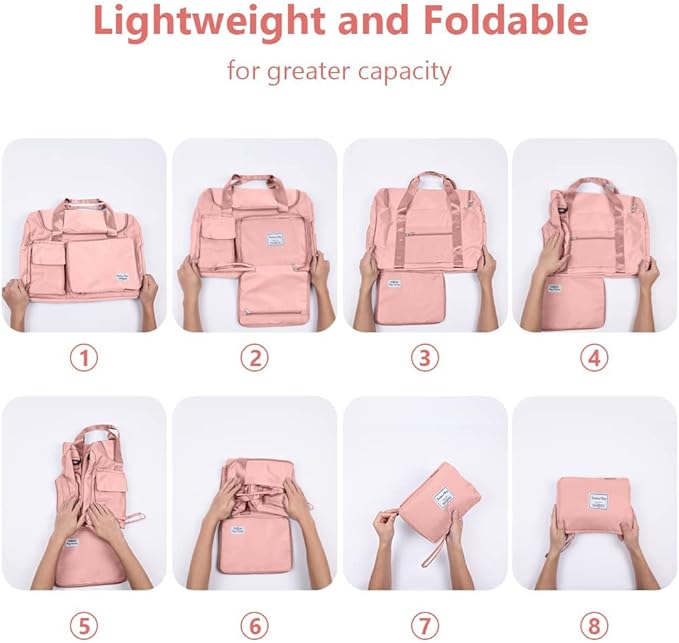 Travel Duffel Bag, Foldable Gym Bag with Luggage Tag, Large Capacity Weekend Overnight Bags with Wet and Dry Separation Bag, Waterproof Sports Tote Bag, for Travel, Sports, Gym (Pink)