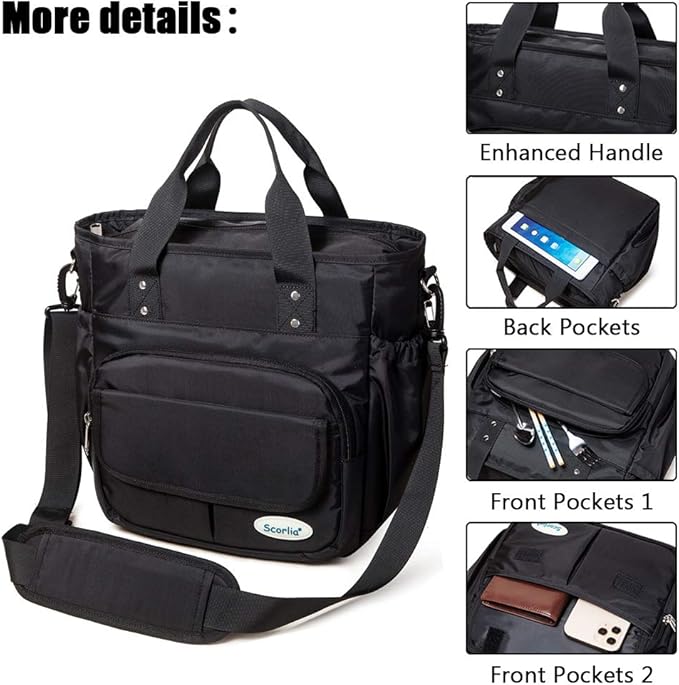 Scorlia Insulated Lunch Bag, Extra Large Leakproof Lunch Tote Bag With Removable Shoulder Strap, Durable Reusable Cooler lunch Box Bag with Side Pockets, Tall Drinks Holder for Women Men Work, Black