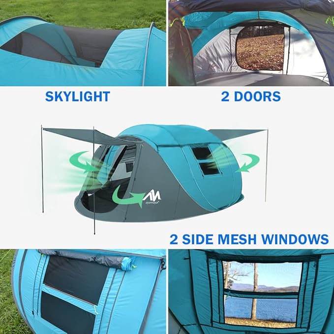 4 Person Pop Up Tents for Camping - AYAMAYA Waterproof Instant Family Tents with Skylight & Removable Rainfly, Upgraded Large Size with 2 Doors -Automatic Easy Setup Beach Tent with Poles