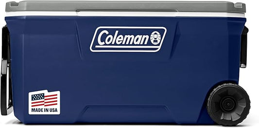 Coleman Classic Series Insulated Portable Rolling Cooler with Wheels, Leak-Resistant Outdoor Hard Cooler Keeps Ice up to 5 Days, 100-Quart