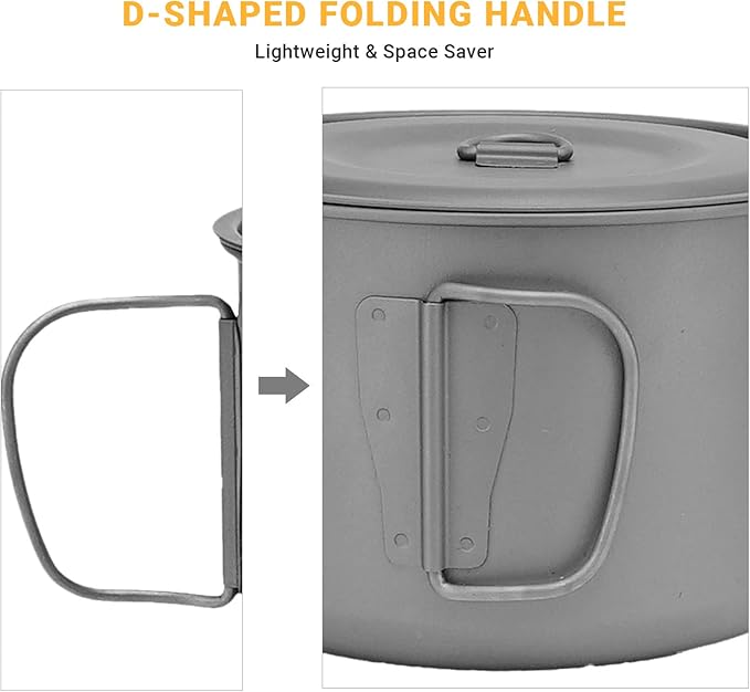 COOK'N'ESCAPE Titanium Camping Cooking Pot, Camping Cookware Set with Folding Handle,Compact Frying Pan Open Over Fire Cooking for Outdoor Backpacking Hiking Picnic
